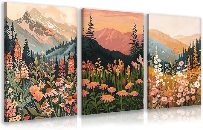 KBKBART Boho Colorful Landscape wall art Set of 3, Wildflower Mountain Wall Decor Vintage Floral Forest Paintings Rustic Nature Pictures Canvas Prints for Living Room Bedroom Dining Room 12x16 Inch