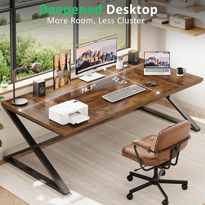 IBF Rustic Large Desk for Home Office, 78.7" Extra Long Computer Desk, Wood Metal Wide Work Desk for Study Writing, Farmhouse Dual Monitor Workstation Gaming Desk Computer Table, Rustic Brown