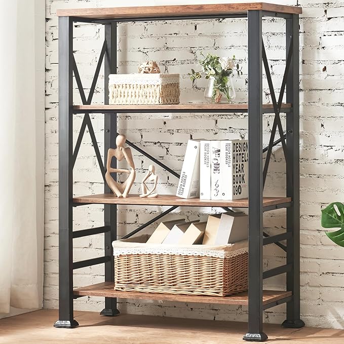 HOMBAZAAR 4 Tier Bookshelf, Industrial Book Shelf with Metal Frame and Open Shelves, Rustic Bookshelves and Bookcases, Heavy Duty Bookcase for Living Room, Bedroom and Home Office, Brown