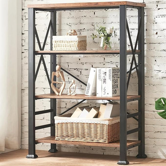HOMBAZAAR 4 Tier Bookshelf, Industrial Book Shelf with Metal Frame and Open Shelves, Rustic Bookshelves and Bookcases, Heavy Duty Bookcase for Living Room, Bedroom and Home Office, Brown