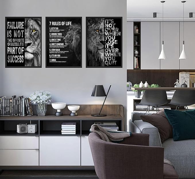 3Pcs Inspirational Lion Wall Art Motivational Black and White Inspiring Animal 7 rules of life Quotes Posters Pictures Wall Decor Canvas Print Artwork for Office Living Room Home Decoration Unframed