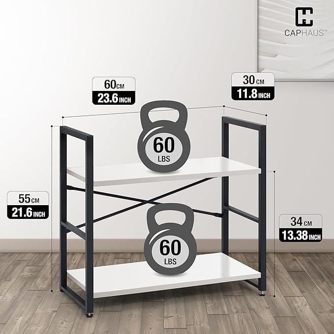 CAPHAUS 2 Tier Small Bookshelf, Bookcase Shelf Storage Organizer for Living Room, 24 Inch Width Free Standing Shelf, Industrial Book Shelves for Home Office, White Shelves & Metal Frame