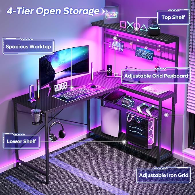 Bestier Gaming Desk 51" L-Shaped, with Power Outlets & LED Lights- 4 Tier Shelves, Reversible Gamer Table with Hooks & Cup Holder for Home Office Carbon Fiber Black
