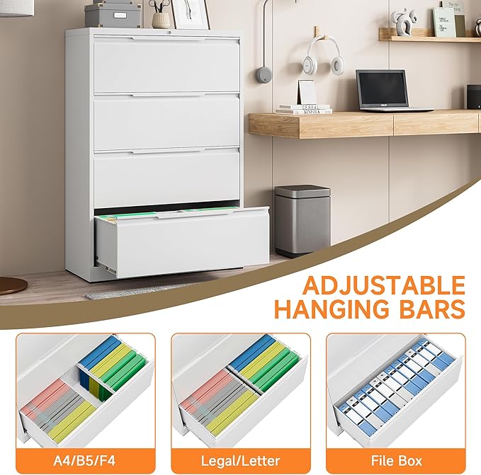 Coolsun Metal File Cabinet with Lock, 4 Drawer File Cabinet for Home Office, Lockable Lateral Filing Cabinet for A4/F4/Lagel/Letter Assembly Required (White, 4 Drawer Lateral)