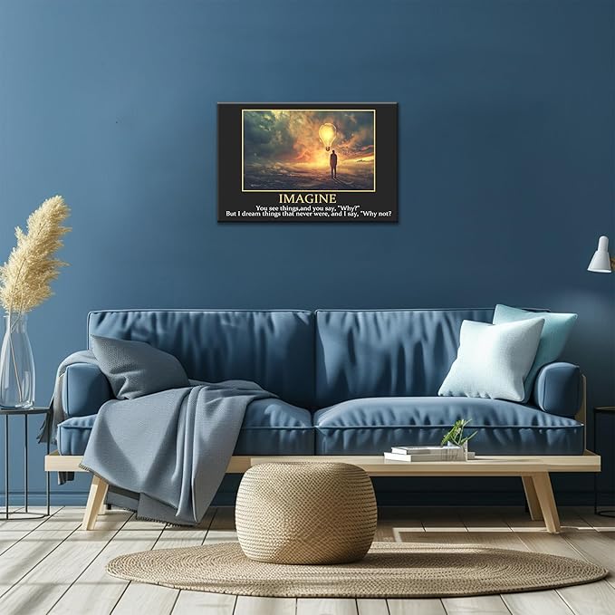 UZMKM - Inspirational Wall Art, Black Background Motivational Mindset Imagine Picture, Quote Saying Canvas Print for Home Office Decor, Company Poster Framed Artwork for Office Wall Decor 18x24 Inch