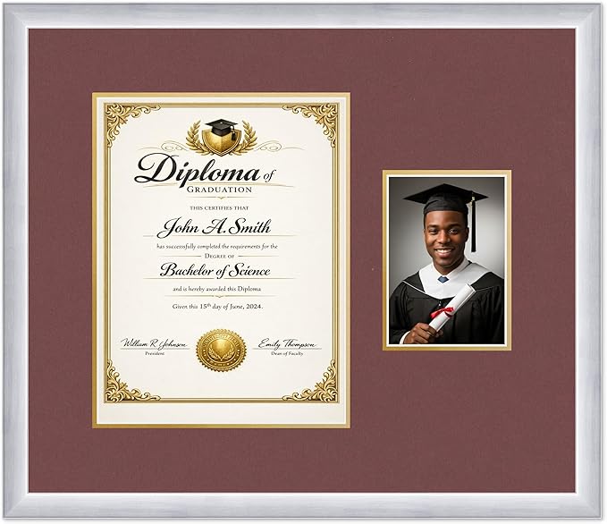 CountryArtHouse Fits 10 x 13 College Diploma (Portrait Traditional) and 5 Diploma and Photo Frame Stainless Silver Genuine Hardwood with Dark Red Over Metallic Gold Double mat