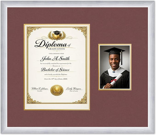CountryArtHouse Fits 10 x 13 College Diploma (Portrait Traditional) and 5 Diploma and Photo Frame Stainless Silver Genuine Hardwood with Dark Red Over Metallic Gold Double mat