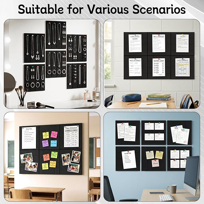 Felt Bulletin Board Tiles 36" x 24", 6-Pack Cork Board for Office, Pin Board with 30 Pushpins Cork Boards for Office Decor Walls Organizer, 40 Adhesive Tabs Included - Black