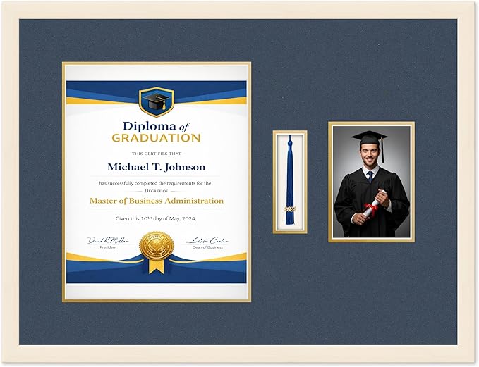 Diploma Tassel and Photo Frame Coastal Whitewash Shadowbox Navy Blue Over Gold Mat - Fits 11 x 14 Degree Picture Made in the USA