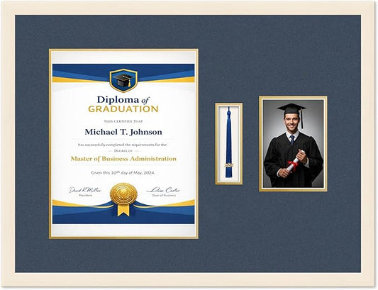 Diploma Tassel and Photo Frame Coastal Whitewash Shadowbox Navy Blue Over Gold Mat - Fits 11 x 14 Degree Picture Made in the USA