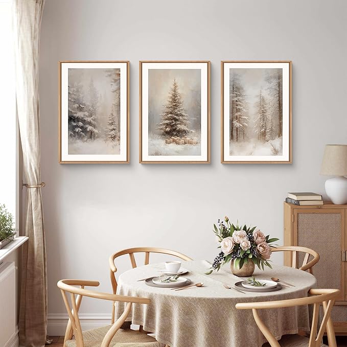 Retro Pine Tree Woodland Landscape Framed Canvas Wall Art Set,Modern Rustic Forest Scenery Wall Decor,Textured Natural Misty Botanical Artwork for Living Room, Bedroom,Farmhouse- 16"x24"x3