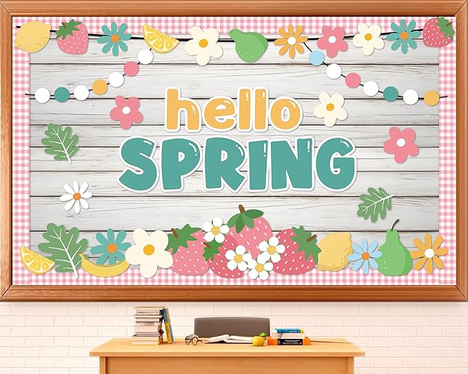 Hello Spring Bulletin Board Set Spring Fruit Floral Classroom Decoration Colorful Flowers Strawberry Paper Cutouts Flowers Theme Bulletin Board for School Classroom Chalkboard Wall Decor