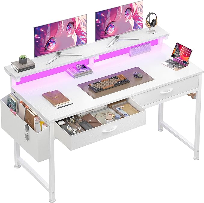 47.3Inch Computer Desk with 2 Drawers & LED Lights,Home Office Desks with Side Pocket,Gaming Desk Monitor Stand,Study Writing Table for Small Spaces,White