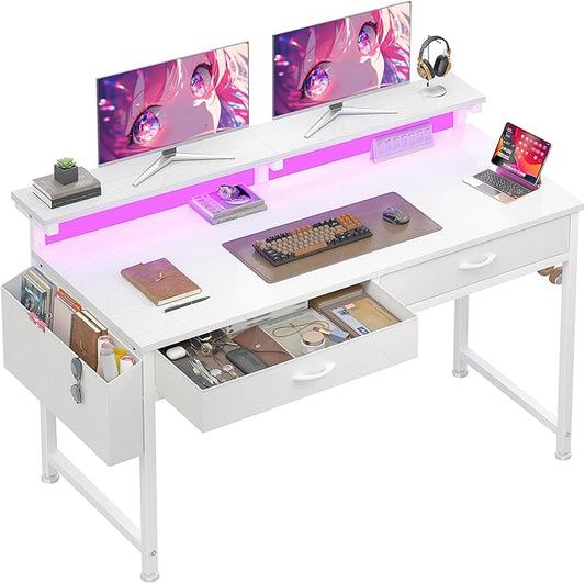 47.3Inch Computer Desk with 2 Drawers & LED Lights,Home Office Desks with Side Pocket,Gaming Desk Monitor Stand,Study Writing Table for Small Spaces,White