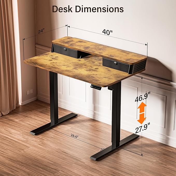 Kingant 40 x 24 Inch Small Electric Standing Desk with Dual Drawers, Height Adjustable Sit to Stand Computer Desk with Storage Shelf and C-Clamp Mount Compatibility for Home Office, Rustic Brown