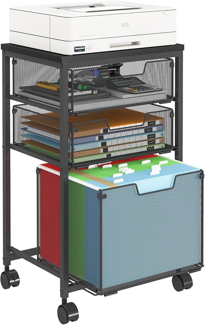 Rolling File Cart with 3 Drawers, Metal Mobile Filing Cabinet for Home Office, Hanging Folder Holder with Printer Stand, Utility Cart Under Desk Storage Organizer with Wheels, Black