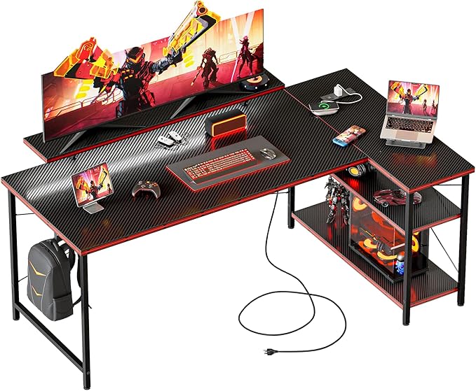Mericonia Small L Shaped Computer Desk with Power Outlets, Reversible Gaming Desk with Storage Shelves & Monitor Stand, Corner Gamer Desk Table, Study Writing Table