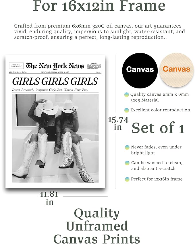 iHery Unframed Trendy Coastal Cowgirl NewsPaper Wall Art Prints,12x16in Black Canvas Wall Art Prints,New York News,Girls Just Wanna Have Fun,Vintage Bar Car for Living Room Home Décor 1Pack