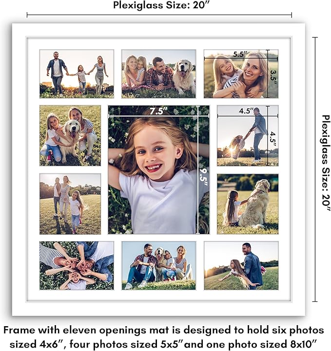 Americanflat 20x20 Collage Picture Frame with Polished Plexiglass - Multi Picture Frames Fit One 8x10, Four 5x5 and Six 4x6 Photos or Use as One 20x20 Frame - Signature Collection - White