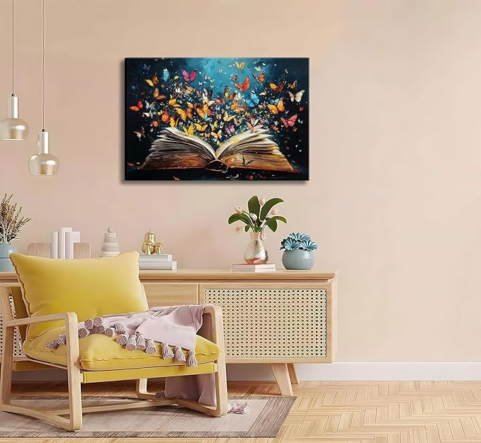 Colorful Butterfly Book Canvas Wall Art Butterfly Emerging From Book Picture Wall Decor Reading Enthusiasts Poster Print for Library Reading Room Bedroom Modern Reading Concept Home Decoration