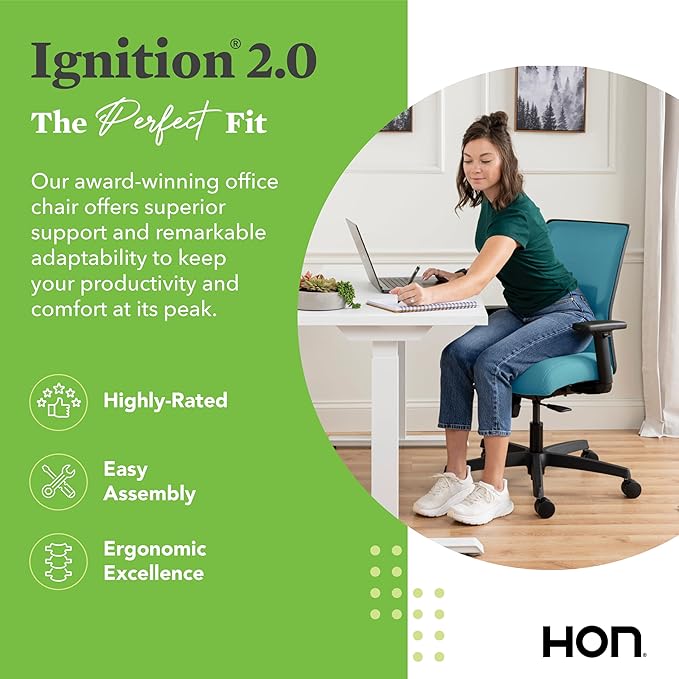 HON Ignition 2.0 Low Back Task Chair, Spectrum Mesh, Standard Synchro-Tilt Control, Office Chair with Lumbar Support, Height and Width Adjustable Arms, Black Frame, Sky