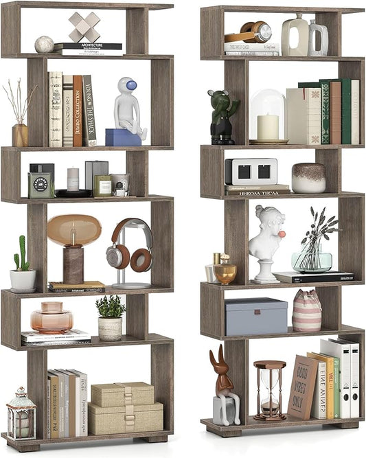 Giantex 6-Tier Geometric Bookshelves Set of 2, S-Shaped Bookcase with 2 Anti-Tipping Kits, Wooden Display Shelf, Decorative Storage Shelving Unit, Home Storage Organizer for Office Living Room