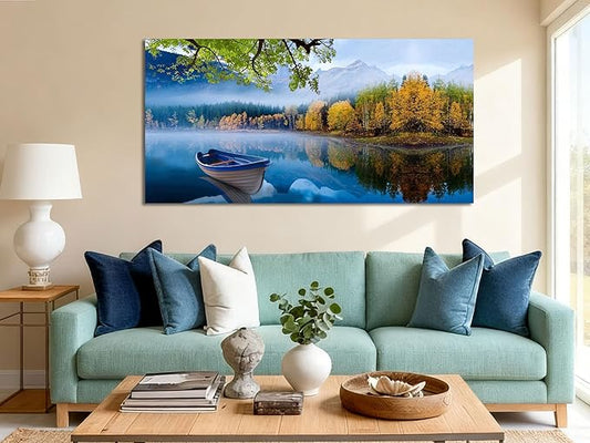 Arjun Landscape Wall Art for Living Room Lake Canvas Blue Picture Bedroom, Nature Boat Artwork Modern Nature Painting Framed Large Home Office Dining Room Wall Decor 48"x24"