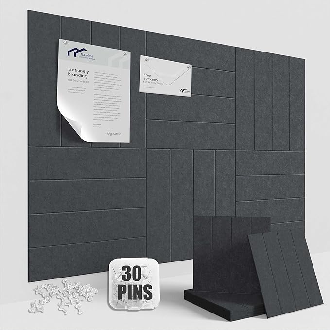 Large Cork Board Strips for Wall, 36" x 24" Bulletin Board, 6 Pack Fabric Wall Tiles with Pushpins, Adhesive Cork Board for Office, Sound Absorbing Bulletin Board Set for Home Music Class, Dark Gray