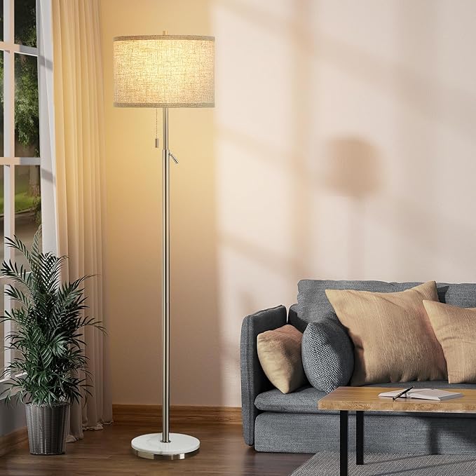 GyroVu Marble Floor Lamp, Adjustable Height Standing Lamp with Marble Base Tall Lamp with Pull Chain Switch Floor Lamps for Living Room, Bedroom & Office Bulbs Not Included(Silver)