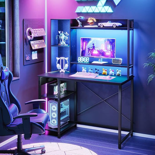 HOOBRO Computer Desk, Small Gaming Desk with LED and Outlets, Home Office Desk with Monitor Stand and Adjustable Shelf, Computer Desk with CPU Stand for Home Office, Small Space, Black BB100UDDN01