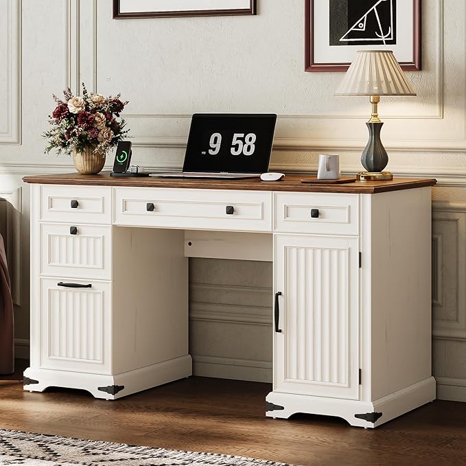 IRONCK 55'' Farmhouse Desk Home Office with Drawers, Wooden Computer Desk with Charging Station, File Drawers and Storage Cabinet, Executive Desk for Work, Study Writing, White