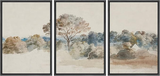 SIGNFORD Framed Wall Art Print Set Pastoral Elegance Soft Watercolor Trees and Fields Illustrations Modern Decorative Multicolor Relax/Calm Chic for Living Room, Bedroom, Office - 24"x36"x3 Black