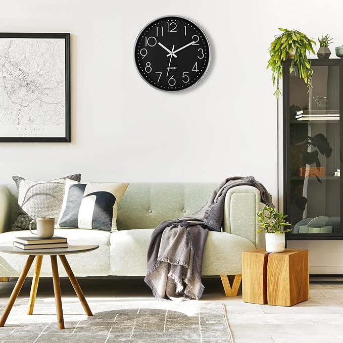 Foxtop Silver Wall Clock Silent Non-Ticking Battery Operated Round Modern Wall Clock for Office School Home Living Room Bedroom Bathroom Kitchen Decor (12 Inch, Black Dial)