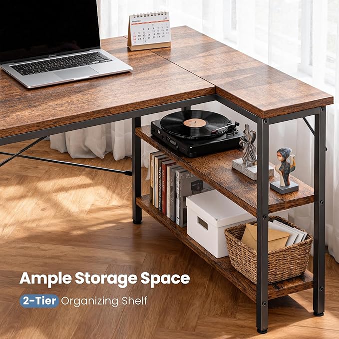 DUMOS L Shaped Desk 39 Inch Computer Desk Gaming Furniture Corner Desks Home Office PC Table with Reversible Storage Shelves for Writing Working Study Bedroom Dorm, Rustic Brown