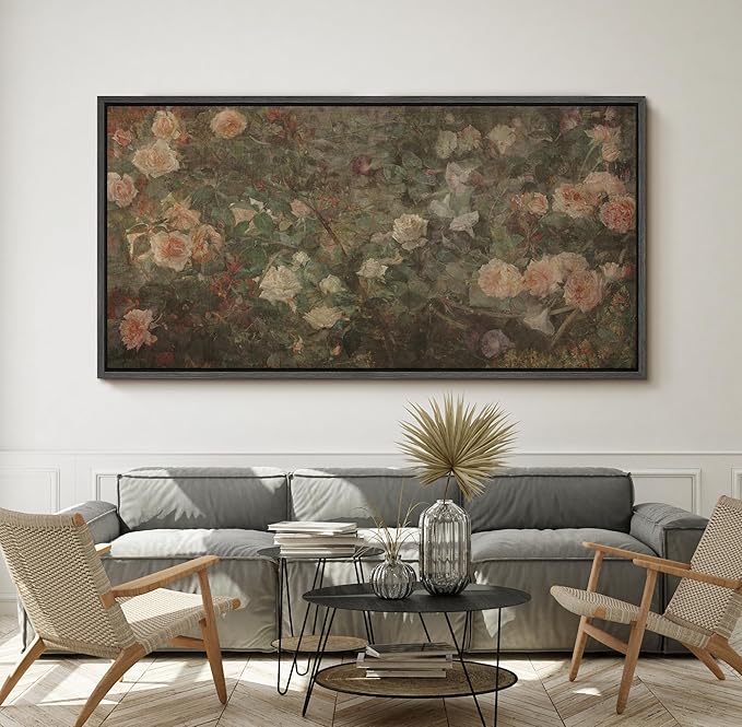 SIGNFORD Extra Large Framed Canvas Vintage White Rose Garden Print Classic Floral Illustrations Modern Art Calm Warm for Living Room, Bedroom, Office - 60"x30"