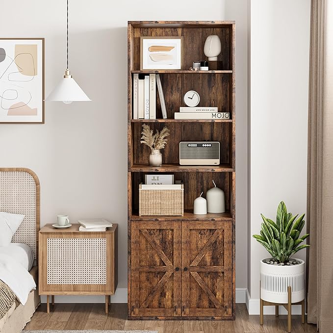 IDEALHOUSE Bookcase with Doors Industrial Bookshelf 11.8in Depth Display Storage Shelves 71.4in Tall Farmhouse Bookcases Wooden 6 Shelf Bookshelvels for Bedroom, Living Room, Home Office