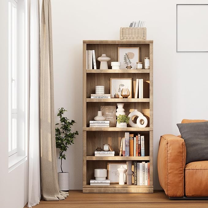 blini Bookshelf and Bookcase Set of 2, Wooden Oak Double Wide Large Bookshelves 5 Tier Tall Bookshelf with Storage Cabinets for Living Room, Home Office, Library (Oak, 5-Shelf)
