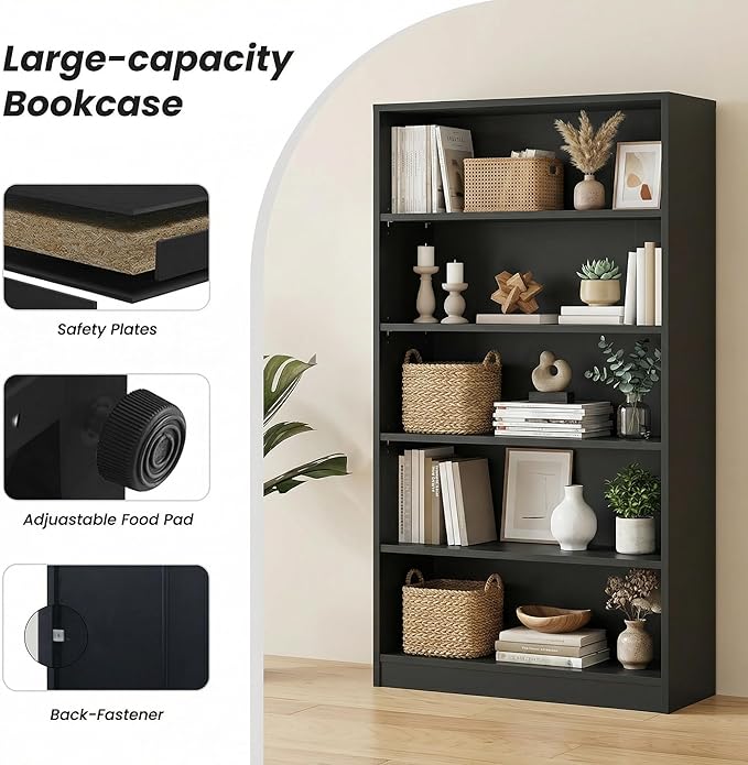 5 Tier Wooden Bookshelf, 60" H Tall Book Shelf with Adjustable Shelves, 33" Wide Bookshelf for Home Office, Living Room
