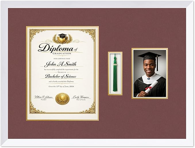 CountryArtHouse Diploma Tassel and Photo Shadowbox Fits 10 x 13 College Diploma (Portrait Traditional) Bright White Genuine Hardwood with Dark Red Over Metallic Gold Double mat