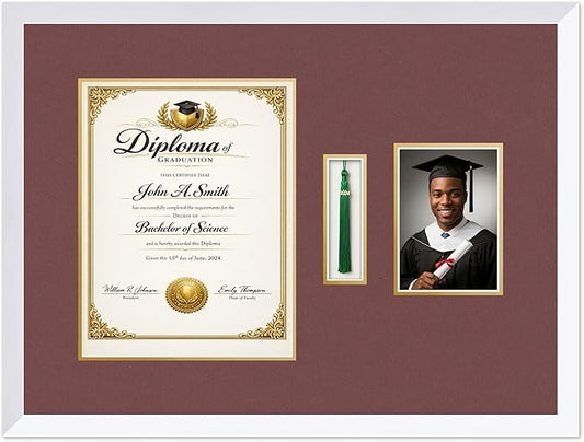 CountryArtHouse Diploma Tassel and Photo Shadowbox Fits 10 x 13 College Diploma (Portrait Traditional) Bright White Genuine Hardwood with Dark Red Over Metallic Gold Double mat