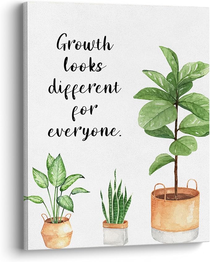 XWELLDAN Growth Looks Different for Everyone Mental Health Growth Mindset Wall Art Canvas Prints,Potted Plant Wall Art Decor for Classroom Therapy Office School Counseling Office, 8 x 10 Inch, Framed