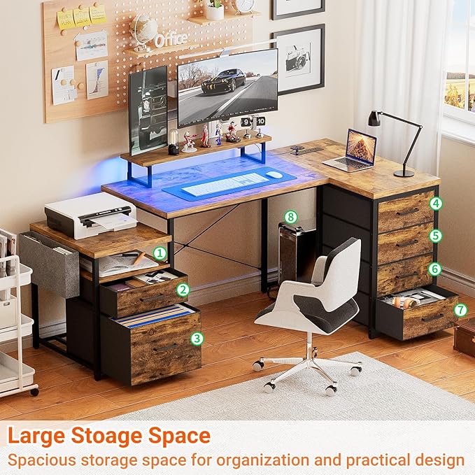 Unikito Reversible L Shaped Computer Desk with Fabric File Drawers, 70.8" Large Office Desk with RGB LED Light & Power Outlets & Monitor Stand & CPU Stand, Sturdy Corner Gaming Desk, Rustic Brown