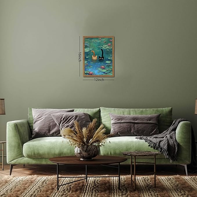 Framed Cat Wall Art, Vintage Whimsical Claude Monet Canvas Wall Decor Painting, Cute Funny Water Lilies Cat Poster Print Picture for Living Room Bedroom Bathroom 12x16 Inch