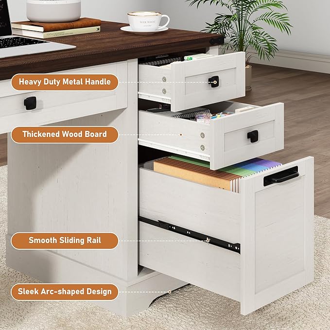 58'' Farmhouse Home Office Desk with Drawers, Wooden Executive Desk with Charging Station, File Drawers and Storage Cabinet, Computer Desk for Work, Study and Writing, Rustic White