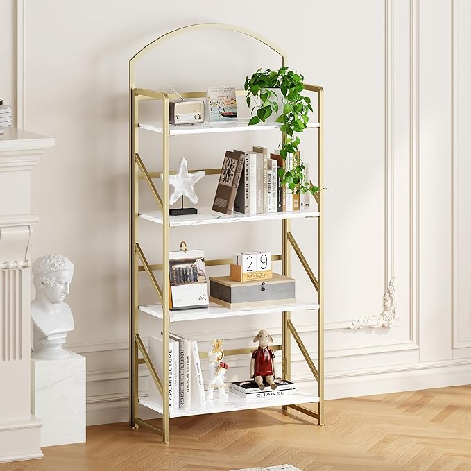 BHG Arched Bookshelf 4 Tier Shelf Storage Organizer Bookcase,No Assembly Folding Book Shelf for Living Room,Bedroom Home Office Rack Bookhelves