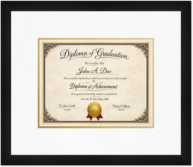 Diploma Frame Matte Black with Oyster Shell Over Gold Double Mat - Fits 11 x 8.5 US Letter Certificate Wall Display Made in the USA