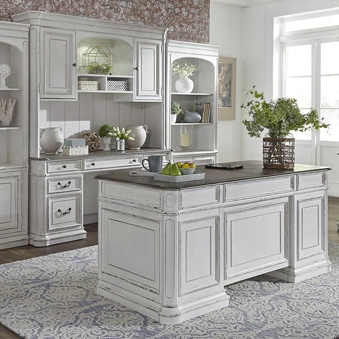 Liberty Furniture Magnolia Manor Complete 5 Piece Desk Set for Home Office - Antique White & Weathered Bark