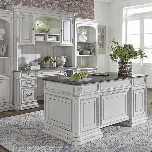 Liberty Furniture Magnolia Manor Complete 5 Piece Desk Set for Home Office - Antique White & Weathered Bark