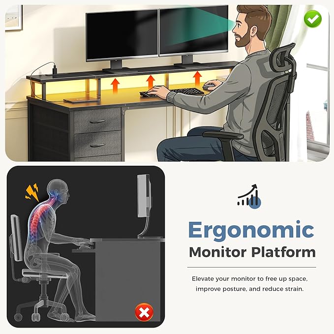DUMOS Computer Desk with 4 Drawers,4 Drawer Gaming Desk with with Power Outlets and LED Lights,Office Desk for Small Spaces with Monitor Shelf,Writing Desk for Home Office, Bedroom,Study 39 Inch Black