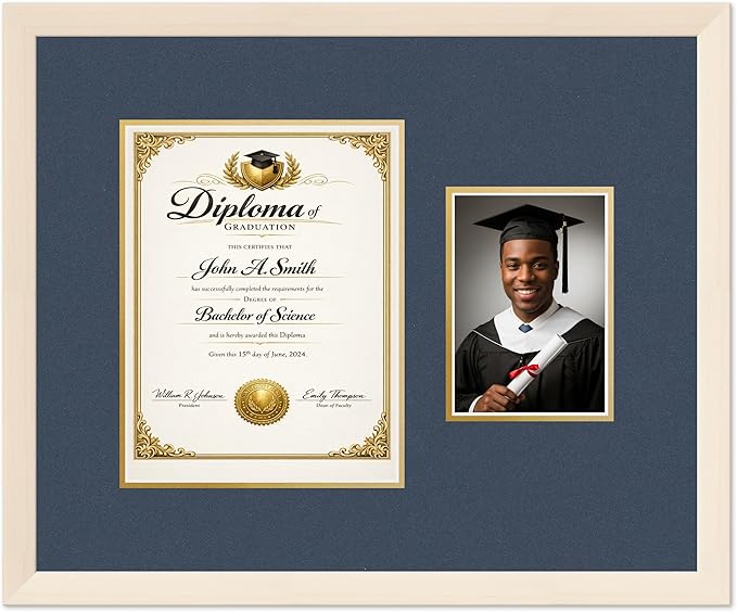 CountryArtHouse Fits 8.5 x 11 Certificate (Portrait) and 5 x 7 Photo Diploma and Photo Frame Coastal Whitewash Genuine Hardwood with Navy Blue Over Metallic Gold Double mat